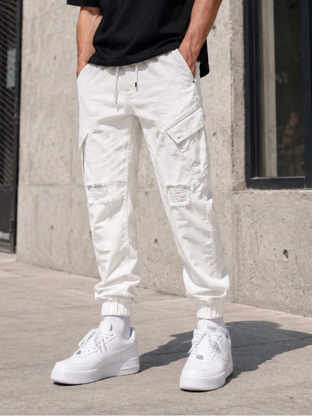 White Distressed Cargo Jogger Pants Size S 28 NWOT